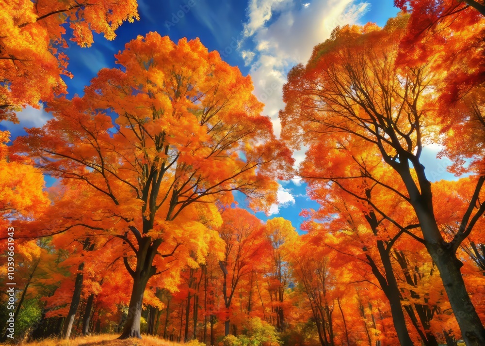 Vibrant Orange Hues Radiate from Tall Sugar Maples in a Stunning Autumn Landscape Scene Vibrant Orange Hues Radiate from Tall Sugar Maples in a Stunning Autumn Landscape Scene