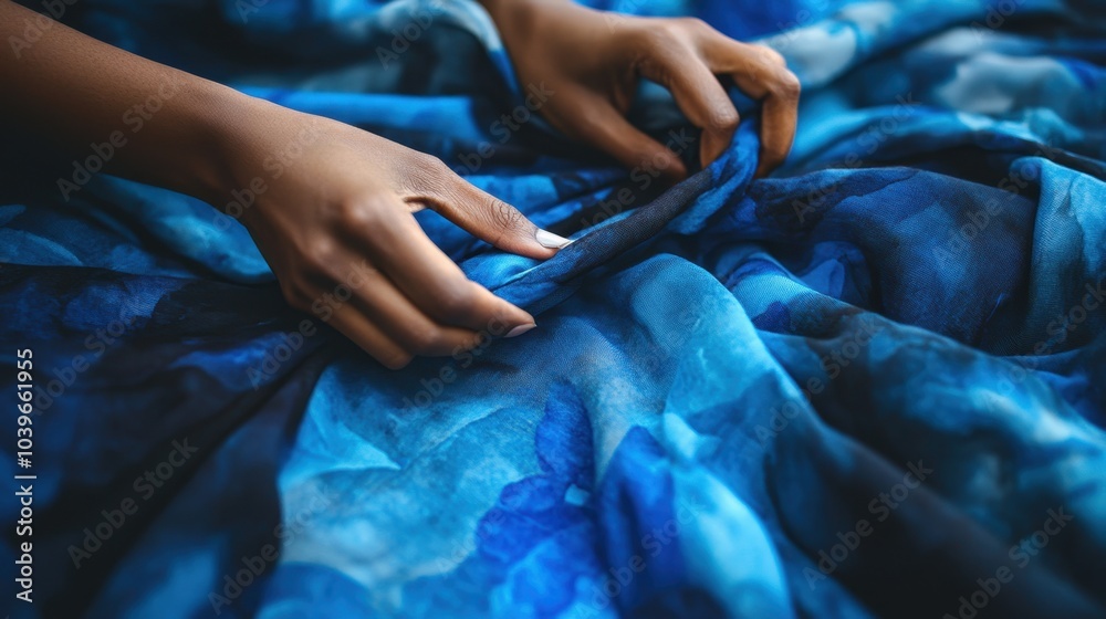 Fototapeta premium Close-Up of Hands on Soft Blue Fabric Texture