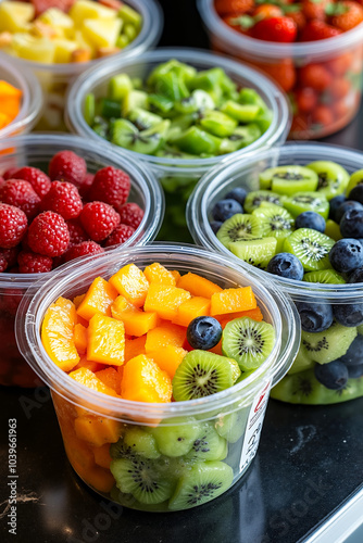 A table topped with plastic containers filled with different types of fruit