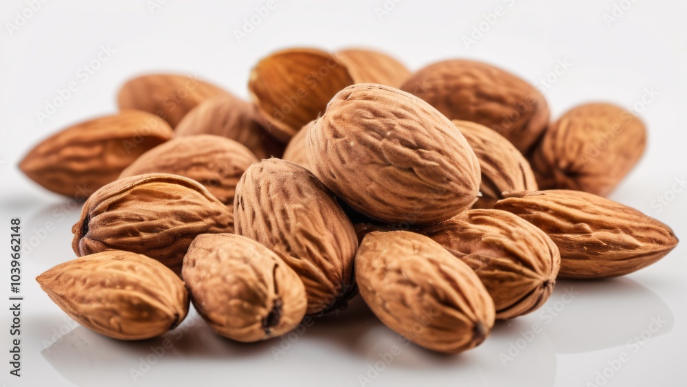 Photography of Almonds on White Background, Close-up shot of almonds against a white background Photography of Almonds on White Background, Close-up shot of almonds against a white background