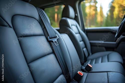 Close-up of a fabric car seat with a fastened seatbelt, modern interior design, textured material, and blurred background details Generative AI