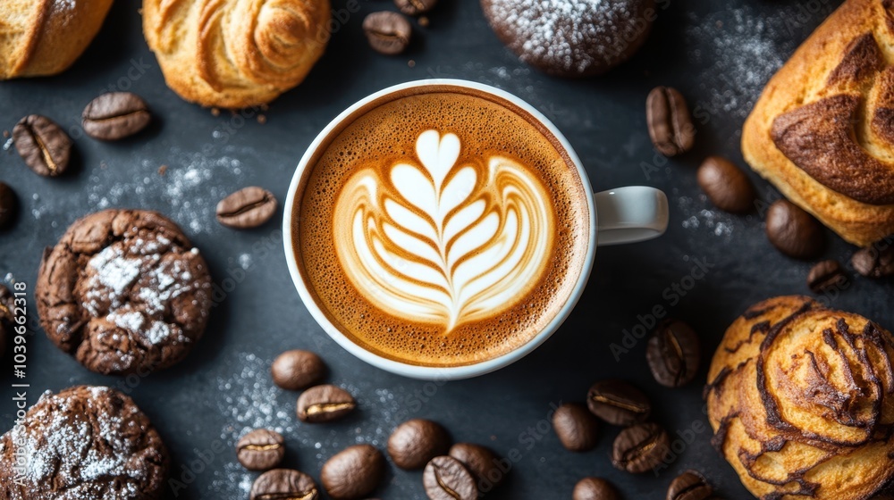 Coffee with Pastries on a Dark Table Coffee with Pastries on a Dark Table