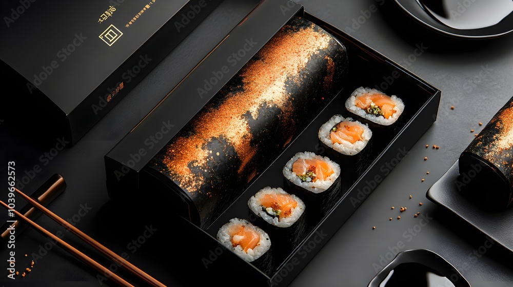 Glossy sushi packaging box with gold Japanese typography, sleek black dining table, chopsticks and soy sauce, minimalistic, neon highlights, hyper-realistic photography Glossy sushi packaging box with gold Japanese typography, sleek black dining table, chopsticks and soy sauce, minimalistic, neon highlights, hyper-realistic photography