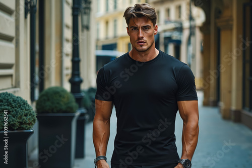 A man in a black shirt is walking down the street