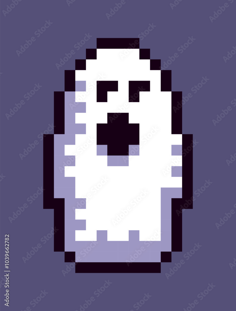 Abstract Halloween ghost in 8 bit pixel art style. This retro pixel art design brings a fun and festive vibe, perfect for decorations, greeting cards, and decor for Halloween party. Abstract Halloween ghost in 8 bit pixel art style. This retro pixel art design brings a fun and festive vibe, perfect for decorations, greeting cards, and decor for Halloween party.