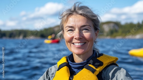 Happy Woman in Kayak on Serene Water Landscape