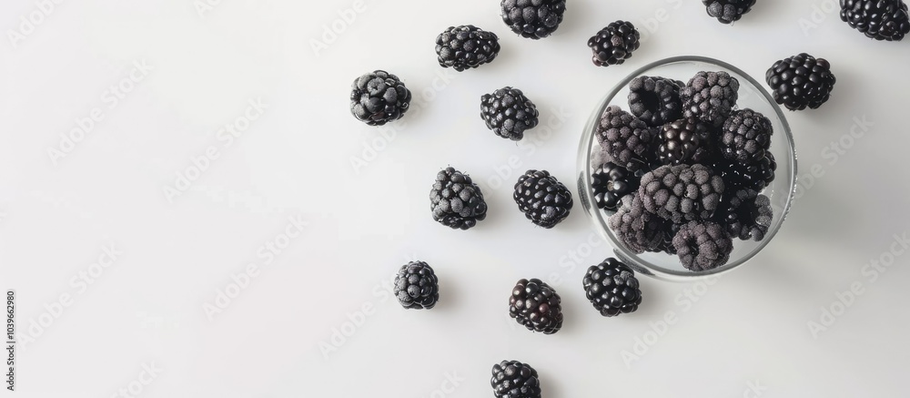 Blackberries in a glass on a white surface with scattered berries offering a copy space image captured from above in a horizontal view