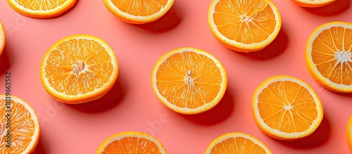 Fresh orange slices arranged in a fruit pattern atop a colored background with copy space image Creative summer concept featuring a half of citrus in a simple flat lay photo