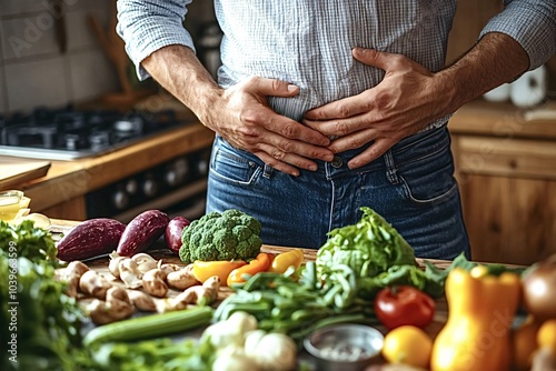 Man is suffering from stomach ache after eating vegetables in his kitchen, he is holding his belly with a painful expression
