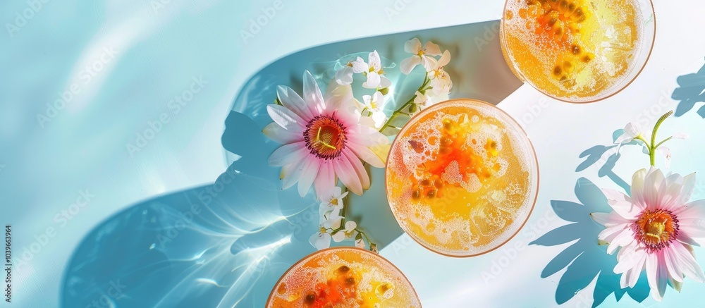 Top view of a summery drink featuring cocktail spritz and champagne with passion fruit on a white and blue background adorned with a flower leaving space for additional image content Top view of a summery drink featuring cocktail spritz and champagne with passion fruit on a white and blue background adorned with a flower leaving space for additional image content