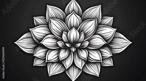 A minimalist black and white geometric mandala, featuring sharp, symmetrical lines, radiating from a central point, set against a pure black background. Created using high-contrast monochrome, photo
