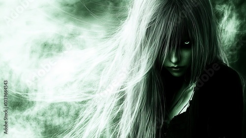  A woman with long blonde hair poses in front of a green and white smoky backdrop; her tresses billow in the wind