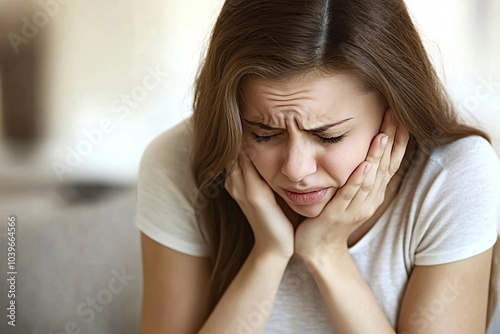 Young woman is experiencing a strong toothache and she is touching her cheek with a painful expression on her face, showing signs of discomfort and distress photo