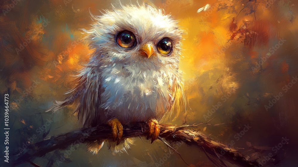 A white owl perches on a branch against a backdrop of yellow and red leaves The sky above is a blend of yellow and orange hues A white owl perches on a branch against a backdrop of yellow and red leaves The sky above is a blend of yellow and orange hues