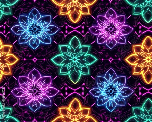 Psychedelic neon mandala seamless pattern, intricate glowing sacred geometry