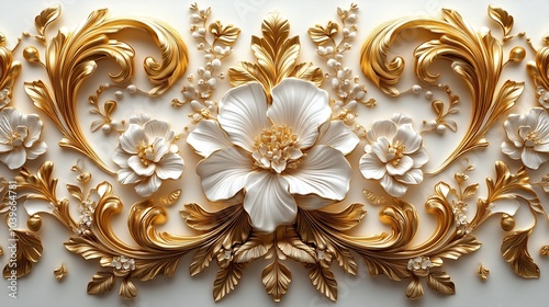 Rich golden filigree swirling floral and leaf patterns intricately designed in a Baroque style set against a clean white background for a vintage opulent 3D decorative effect