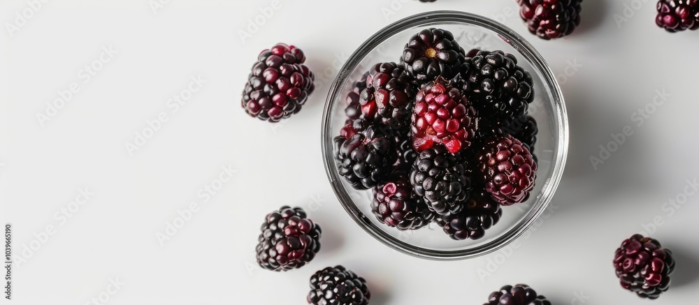 Blackberries in a glass on a white surface with scattered berries offering a copy space image captured from above in a horizontal view Blackberries in a glass on a white surface with scattered berries offering a copy space image captured from above in a horizontal view