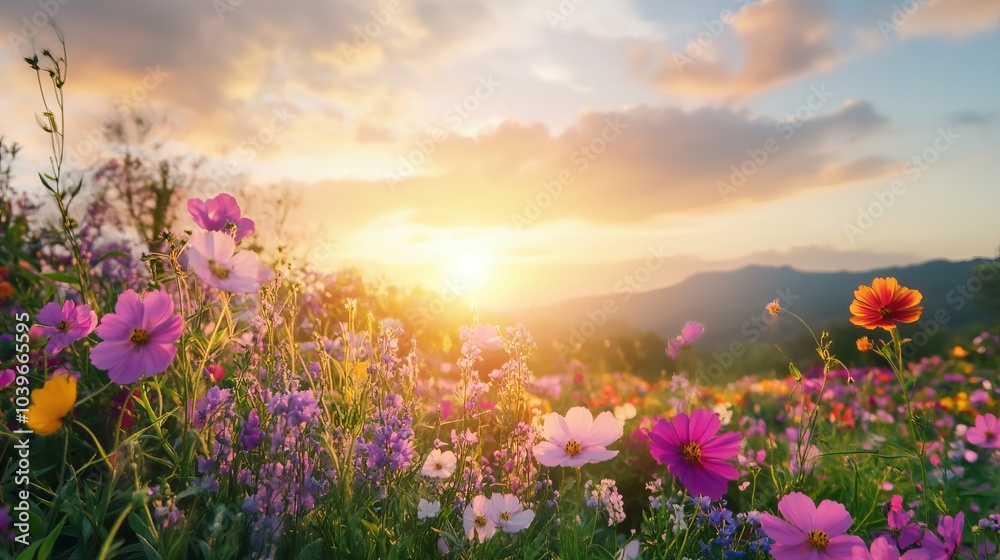 Stunning landscape of a vibrant flower garden on a rolling hill at sunrise, showcasing a breathtaking palette of colors and natural beauty illuminated by the warm glow of the early morning sun Stunning landscape of a vibrant flower garden on a rolling hill at sunrise, showcasing a breathtaking palette of colors and natural beauty illuminated by the warm glow of the early morning sun