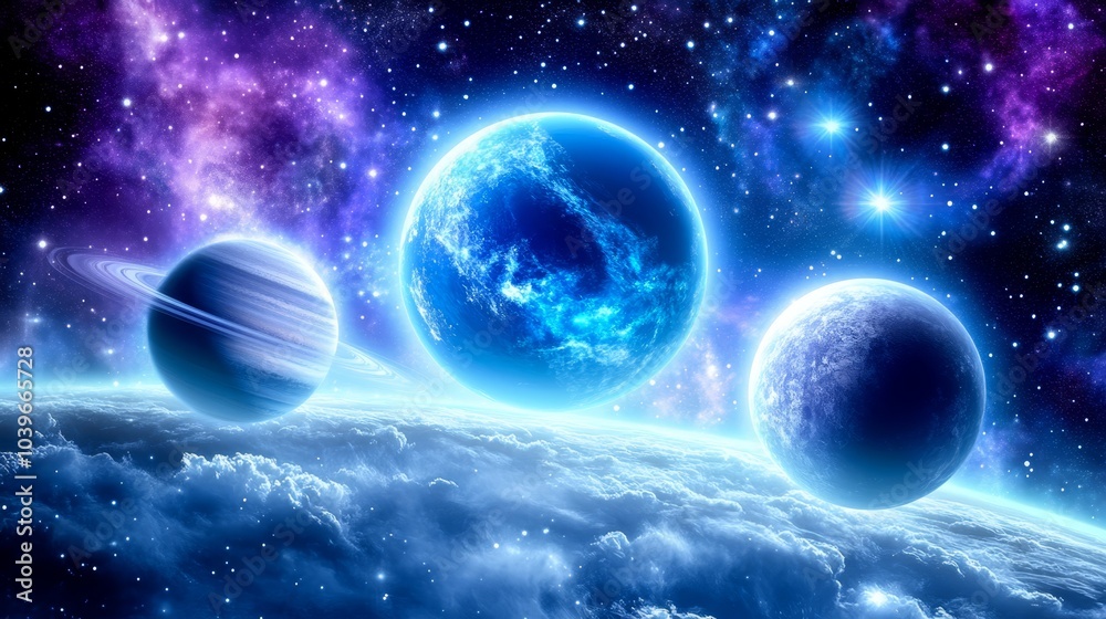 Fototapeta premium An artist's depiction of a solar system featuring three planets up front and starry backdrop