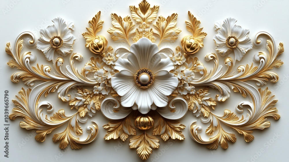 Richly detailed 3D golden Baroque ornament intricate floral filigree swirling leaf patterns and elegant rococo scrollwork set against a white background for a grand opulent look Richly detailed 3D golden Baroque ornament intricate floral filigree swirling leaf patterns and elegant rococo scrollwork set against a white background for a grand opulent look