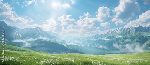 Scenic view of lush mountain meadows and peaks against a backdrop of a sunny blue sky with clouds offering a captivating journey into nature with copy space image