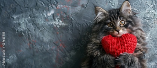 A fluffy gray and black cat holds a red knitted heart for Valentine s Day on a textured background ideal for a postcard with copy space image