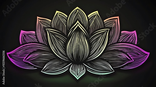 A modern neon mandala with intricate glowing lines in vibrant green, pink, and purple, set against a deep black background. The bright neon colors glow intensely, photo