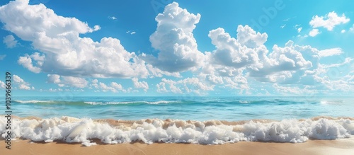 Scenic tropical beach with a blue sky and white clouds providing a picturesque backdrop perfect for summer vacation and holiday business travel concepts Incorporates copy space image photo