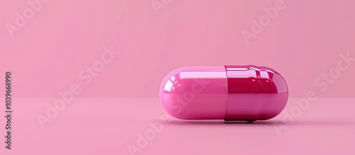 A close up of a pink pill against a pink backdrop symbolizing medicinal treatment vitamins and women s health High quality copy space image for banners photo