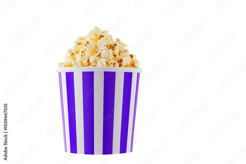 Delicious popcorn, classic box, classic paper cup with Purple, violet stripe, isolated on white background close-up