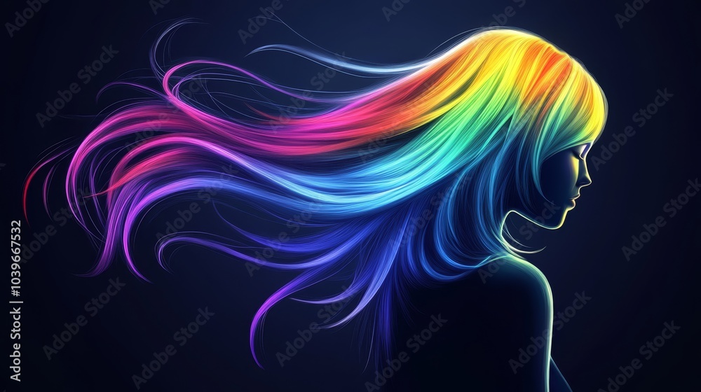 A woman with a multicolored rainbow-hued hair against a dark backdrop A woman with a multicolored rainbow-hued hair against a dark backdrop