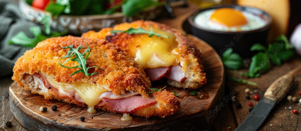 Fresh natural meal of chicken cutlet cordon bleu with ham and cheese served as an appetizer on a rustic table with a background perfect for copy space image Fresh natural meal of chicken cutlet cordon bleu with ham and cheese served as an appetizer on a rustic table with a background perfect for copy space image