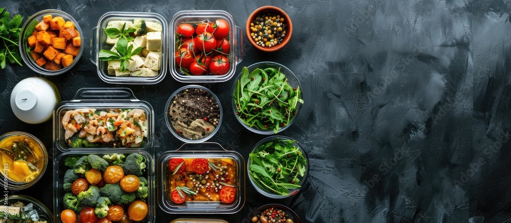 Glass containers with various meals and products displayed on a black table in a flat lay style offering ample copy space image Glass containers with various meals and products displayed on a black table in a flat lay style offering ample copy space image