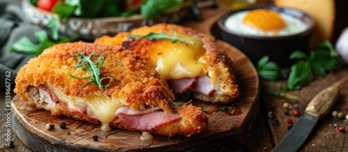 Fresh natural meal of chicken cutlet cordon bleu with ham and cheese served as an appetizer on a rustic table with a background perfect for copy space image