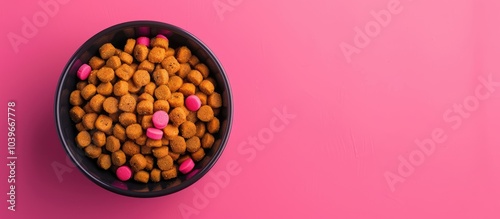 A top down view of dog food in a bowl on a pink magenta backdrop ideal for pet snack and treat promotions with room for text or images. with copyspace image