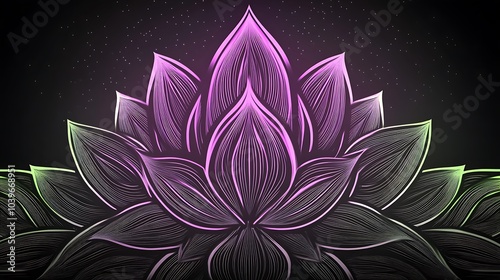 A neon mandala with bright glowing lines in a mix of neon pink, green, and purple, set against a deep black background. The design is bold, modern, and edgy with a high-tech aesthetic. photo