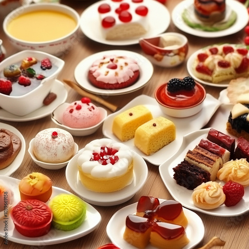 Variety of colorful desserts displayed on plates in a bright setting photo