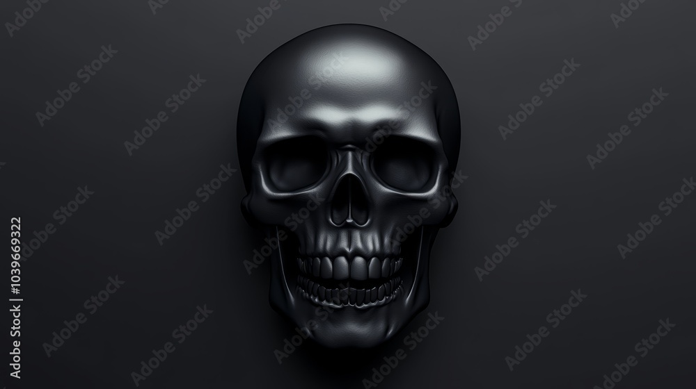 Fototapeta premium A black skull on a black background with a light illuminating its center, revealing the lower half