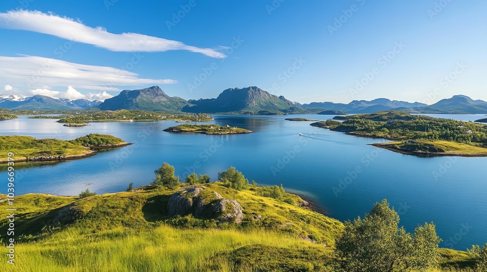 Idyllic coastal landscape with rocky shoreline and clear blue water at matind on andøya island, norway, capturing the pristine beauty of norwegian wilderness under a serene sky Idyllic coastal landscape with rocky shoreline and clear blue water at matind on andøya island, norway, capturing the pristine beauty of norwegian wilderness under a serene sky