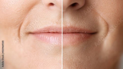 Capture a close-up comparison of a woman's mouth area before and after wrinkle-reducing treatment, highlighting the smooth skin transformation