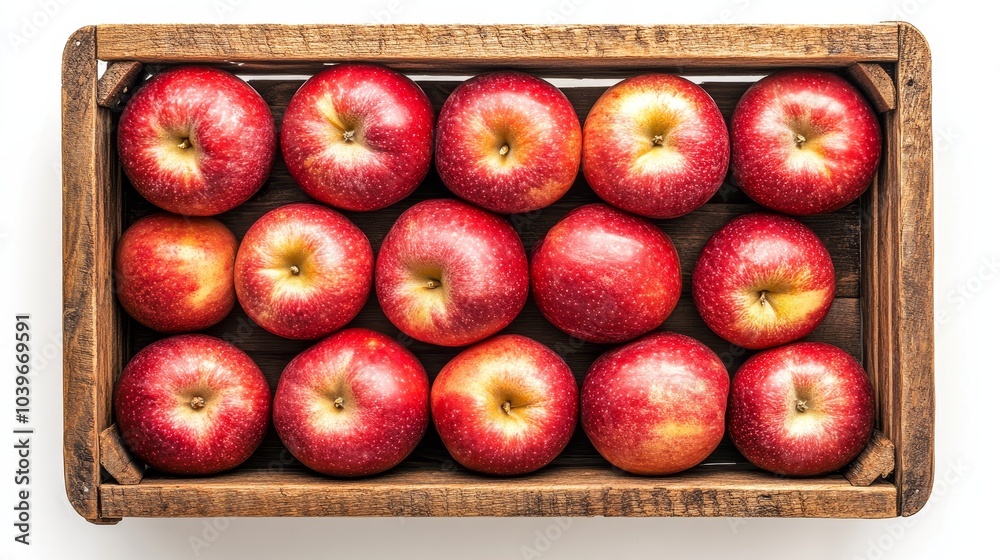 Organic red apples in a simple wooden crate, photographed from above, isolated on white, with clear separation from the background for easy editing Organic red apples in a simple wooden crate, photographed from above, isolated on white, with clear separation from the background for easy editing