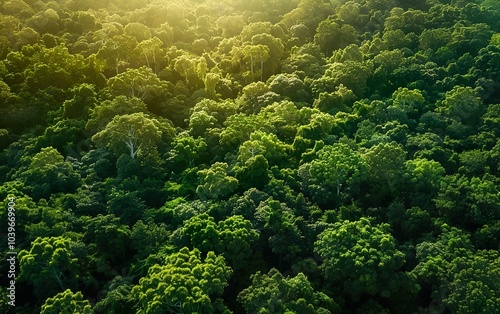 Drone botanical poster. Aerial shot of Asian lush green jungle trees in summer sunlight. Modern tropical foliage banner, top view, dendritic pattern. Minimalistic forest background. Birds eye view