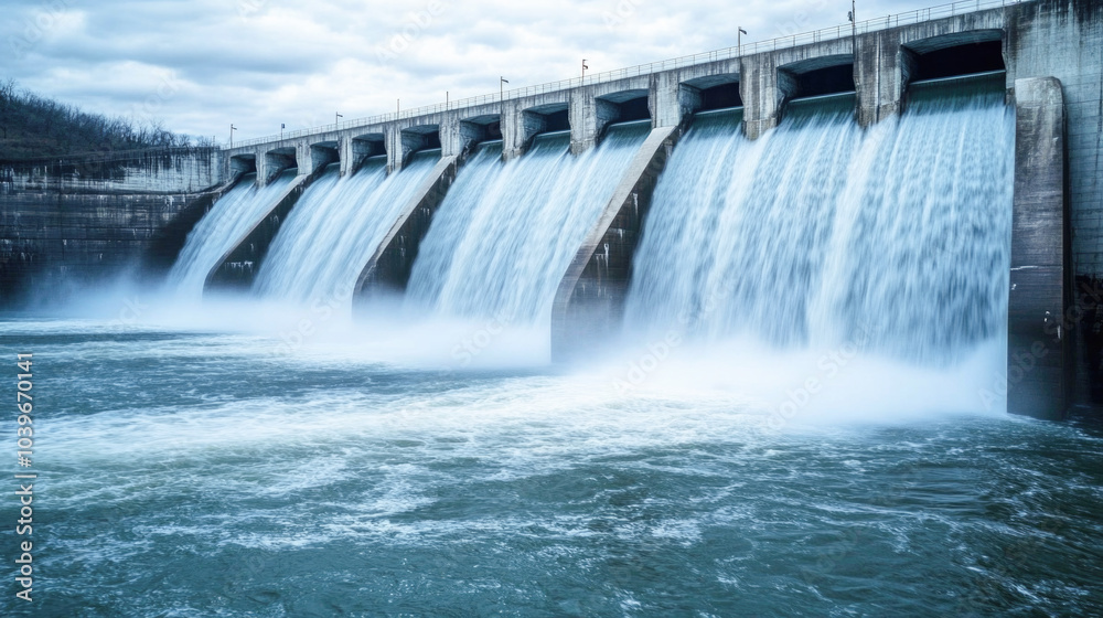 Majestic hydroelectric dam overflowing with powerful water cascade