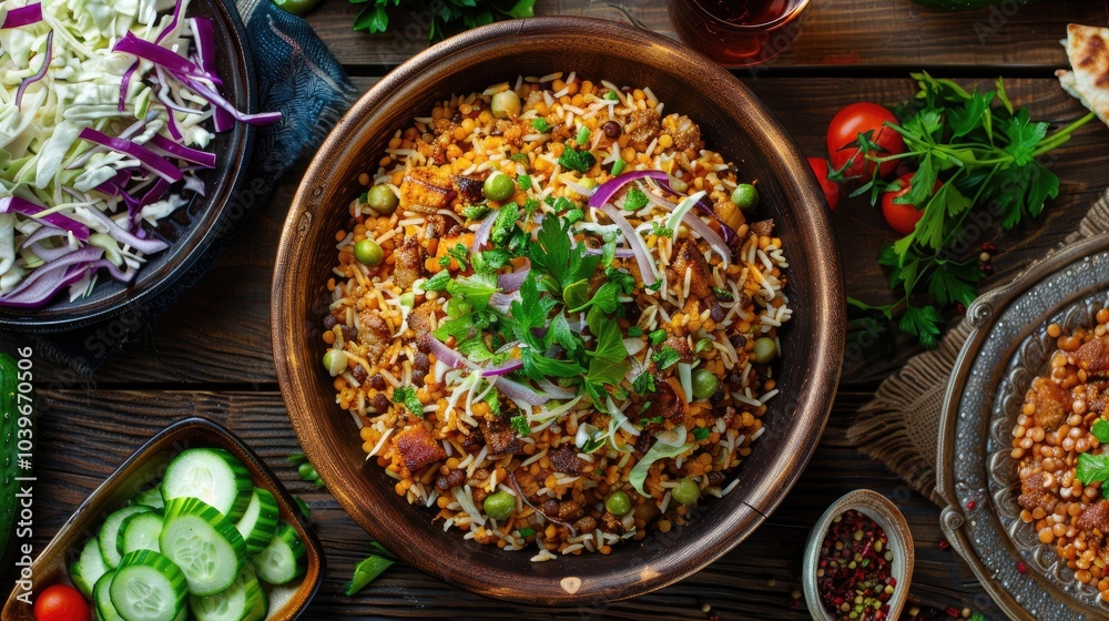 Traditional Middle Eastern dish Mujadara of lentils rice and fried onions with a salad of cabbage and cucumbers on wooden table top view selective focus Traditional Middle Eastern dish Mujadara of lentils rice and fried onions with a salad of cabbage and cucumbers on wooden table top view selective focus