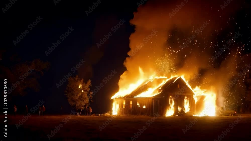 House engulfed in flames during night fire in rural area House engulfed in flames during night fire in rural area