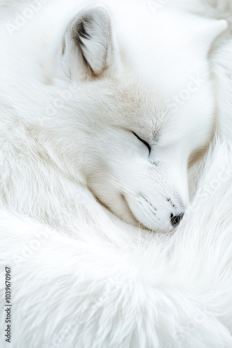 Peaceful arctic fox sleeping in fluffy white fur photo