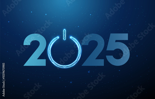Abstract Happy New Year greeting card with number 2025 and power button. Low poly technology design.