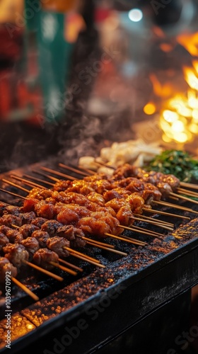 Delicious skewers grilling over an open flame, filled with juicy meat, vibrant vegetables, and smoky aromas that tempt the senses. photo