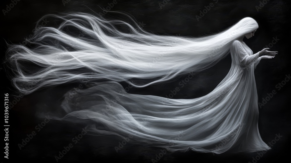 A woman in a lengthy white dress, hair billowing, in monochrome A woman in a lengthy white dress, hair billowing, in monochrome