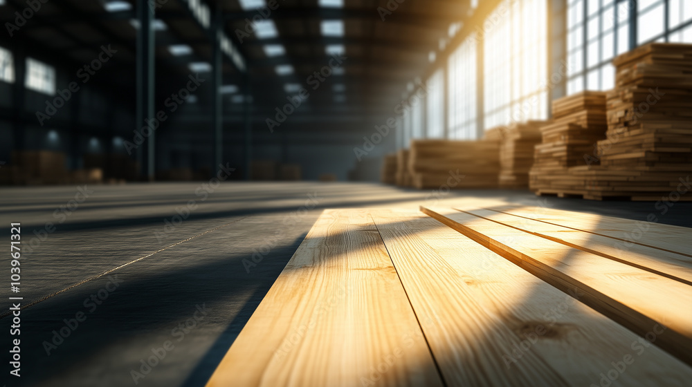 Close-up of perfectly stacked pine wood planks in an industrial warehouse, with sunlight filtering through large windows, casting sharp shadows on the factory floor. Close-up of perfectly stacked pine wood planks in an industrial warehouse, with sunlight filtering through large windows, casting sharp shadows on the factory floor.